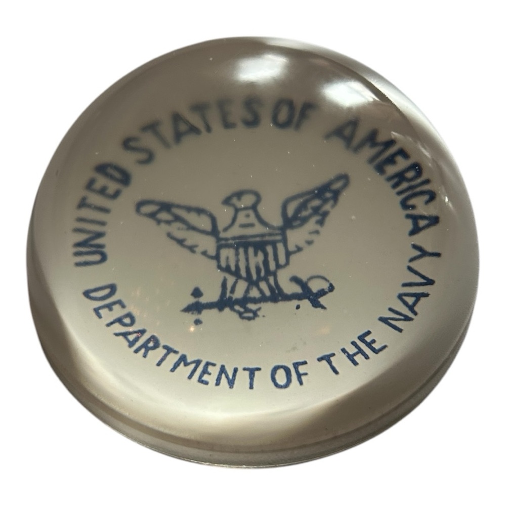 Paperweight Vintage USA Department of the Navy Glass- Blue and white-Round Glass